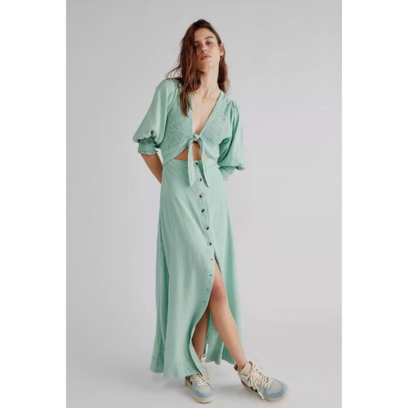 Free People String Of Hearts Maxi Dress Womens Small Green Smocked Boho Peasant - Picture 2 of 16